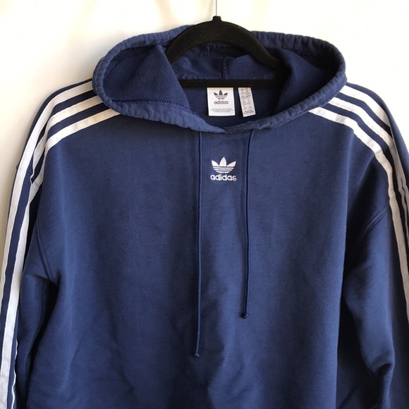 Adidas navy cropped pullover hoodie, white stripes - Picture 2 of 7